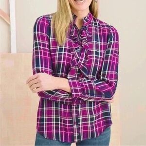 4 for $25 SALE Chico's Ruffled Plaid Blouse Shirt Pink Causal Cabincore Large 12